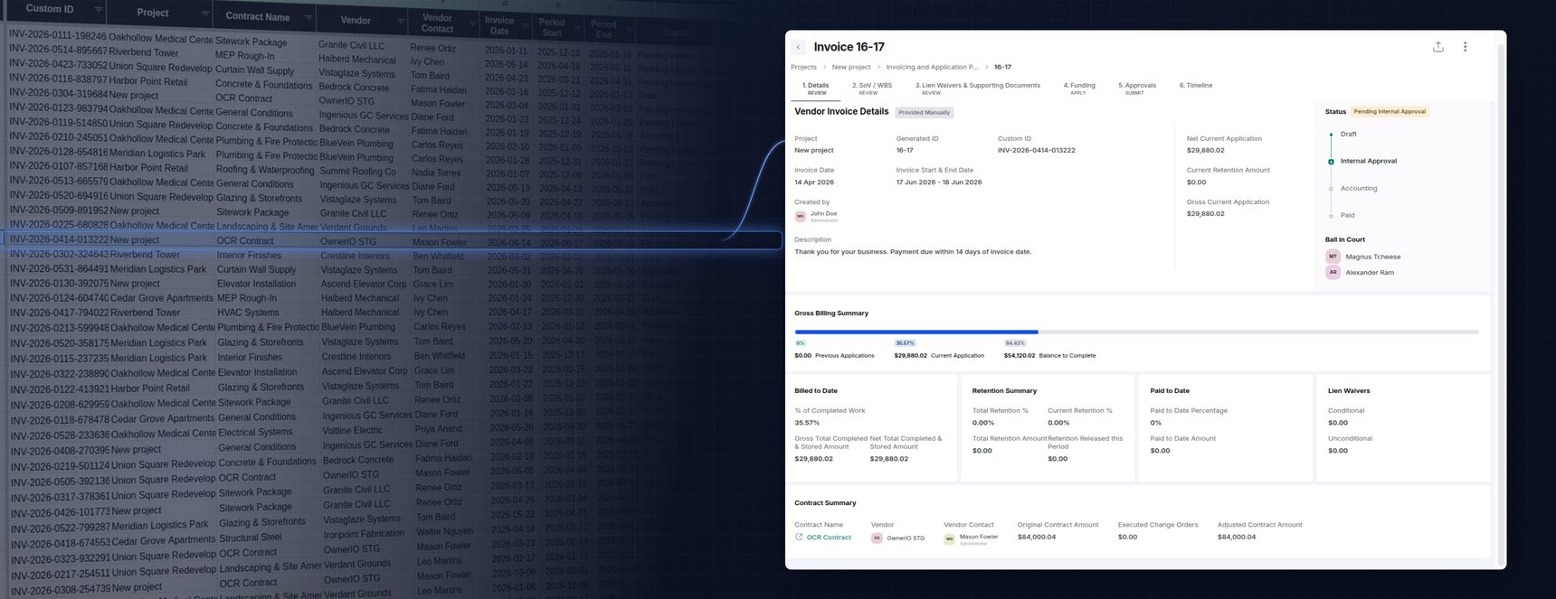 A grid of construction invoice rows on the left resolving into a single structured INGENIOUS invoice with billing summary, retention, contract details, and approval workflow on the right.
